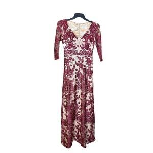 Burgundy & Champagne Floral Embroidered Lace Evening Gown